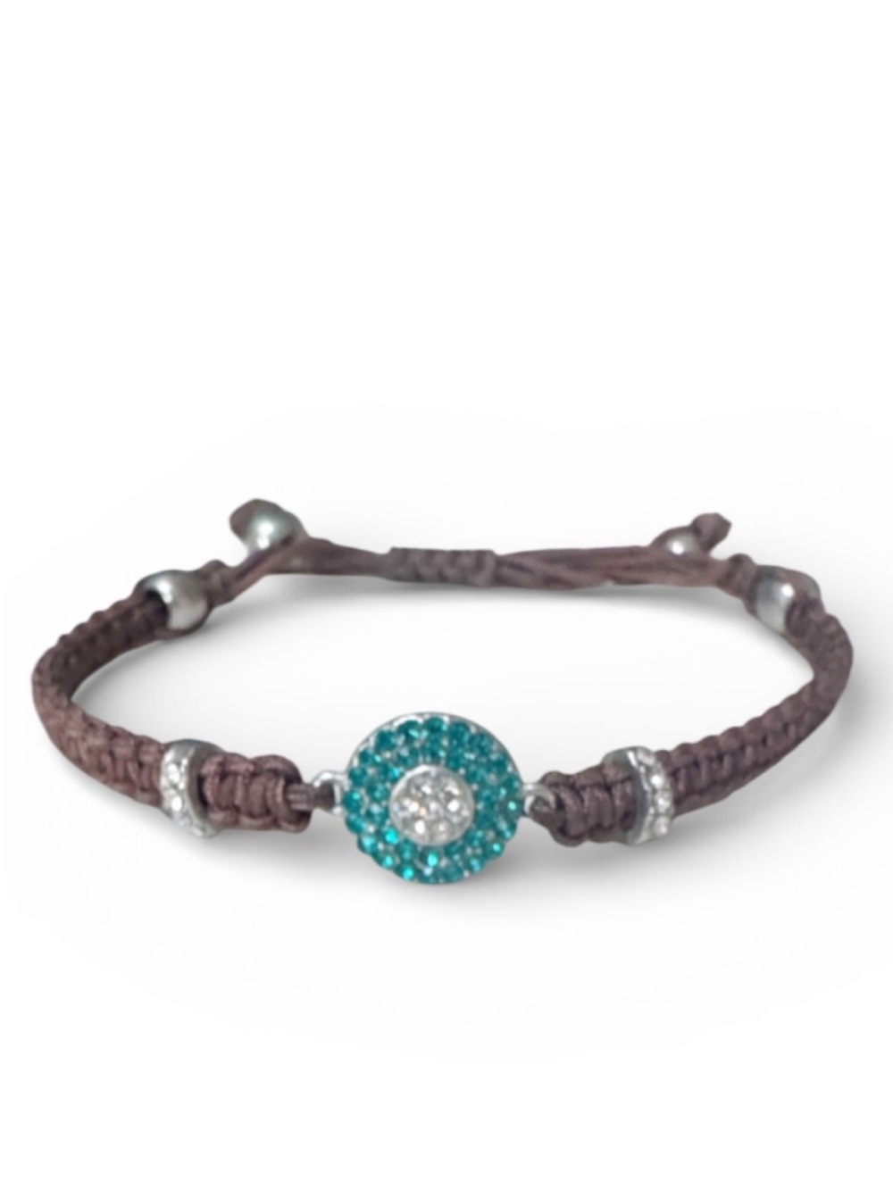 Blue pavé stone charm adjustable brown braided woven leather bracelet OS
